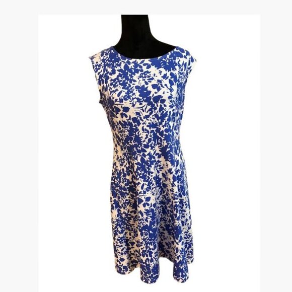Talbot's Sleeveless FIt and Flare Blue and White Floral Print Dress Size 10 EUC - Picture 1 of 9